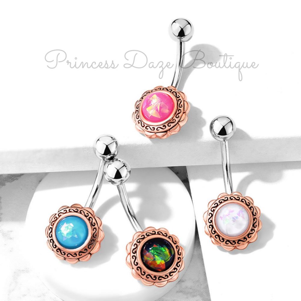 Rose Gold Filigree Flower with Opal Glitter Center